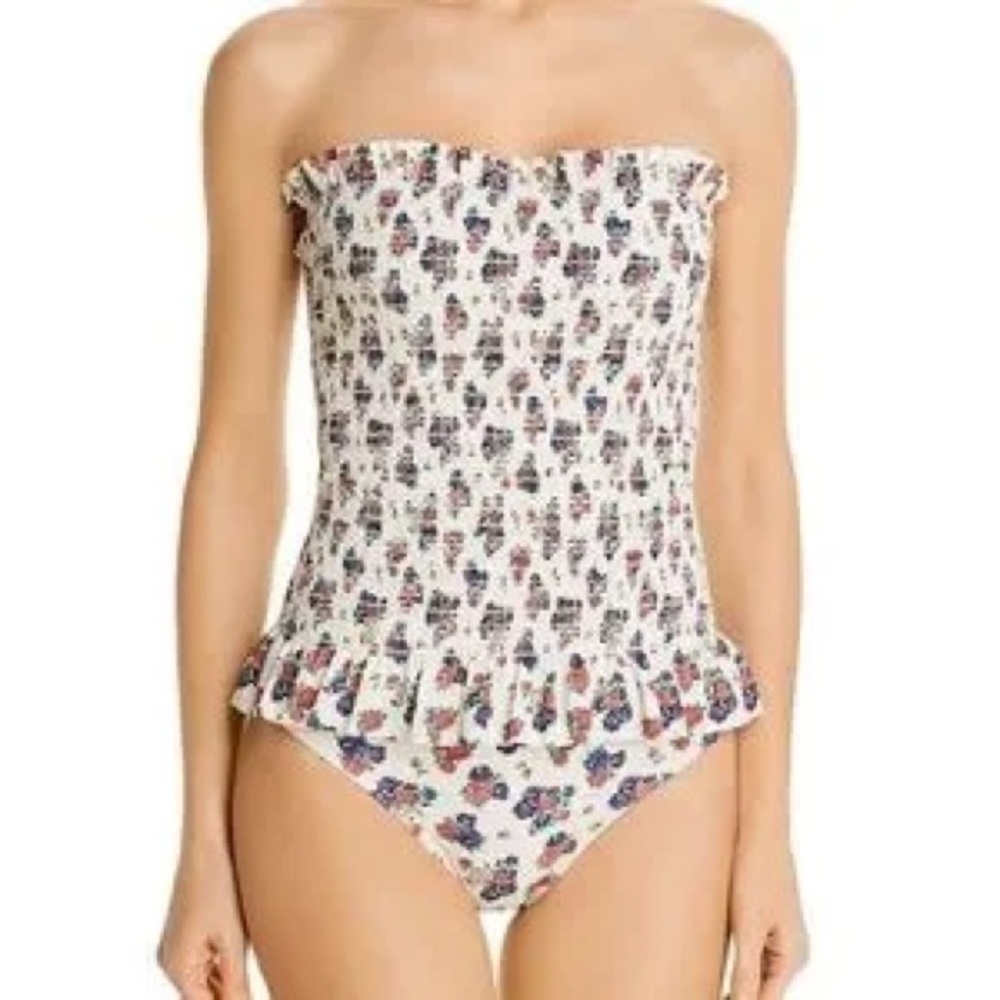 Tory Burch Cream One Piece Swimsuit with Smocked Bodice